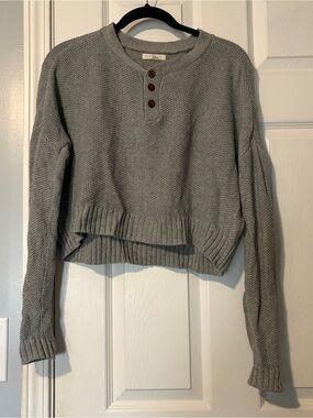 La Hearts Gray Cropped Henley Knit Sweater